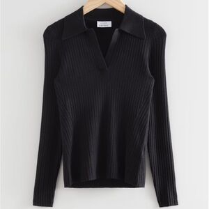 & Other Stories Black Fitted Ribbed Polo Top